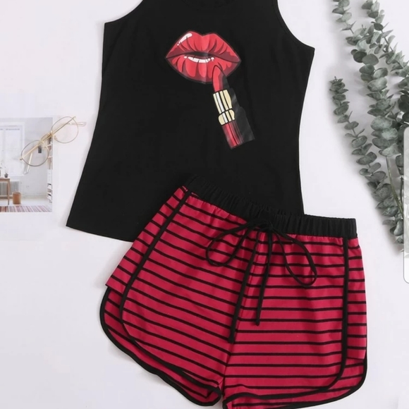 ROMWE Other - Red lips tank top and stripe shorts PJ set